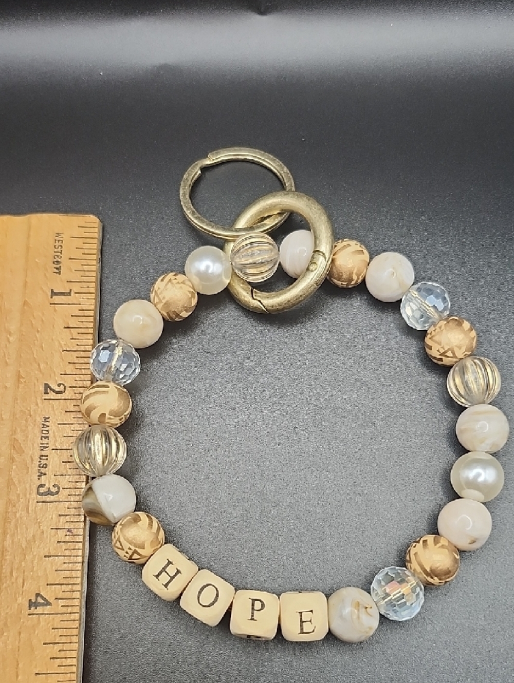 Beaded Wrist Key & Card Holder in Cream and Gold - HOPE Charm - Picture 5 of 5